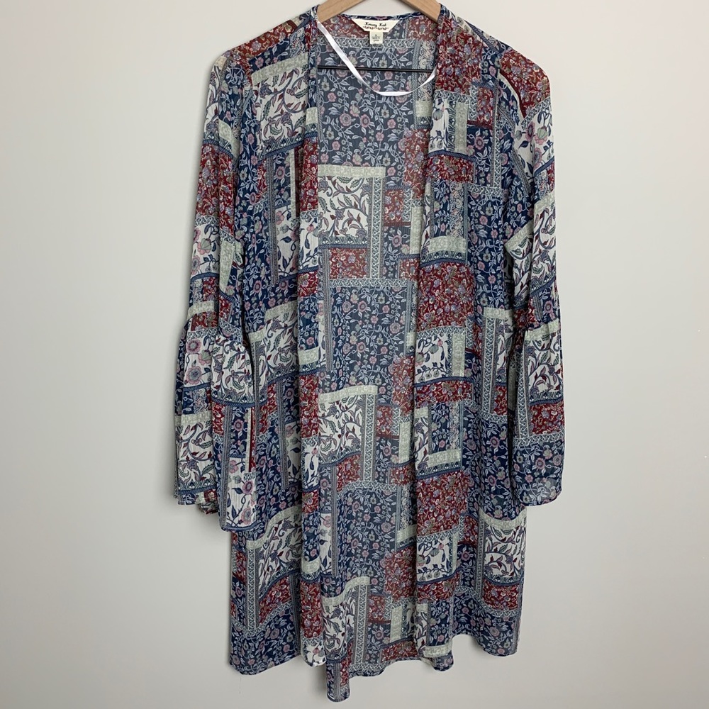 Patch print kimono with bell sleeve